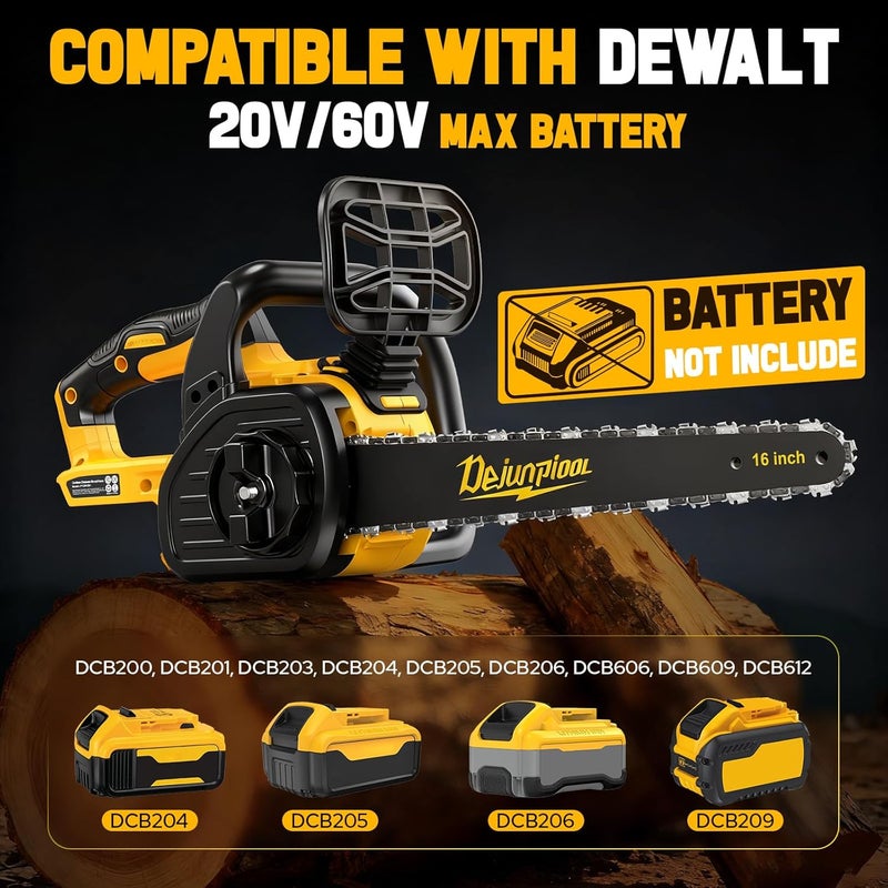 DEJUNPIOOL 16 Inch Electric Chainsaw Cordless Compatible with Dewalt 20V/60V MAX Battery (Tool Only), Brushless Chain Saw with Battery Level Screen, Auto Oiler, 3 Chains, Handheld Pruning Chainsaw Garden Tools - Image 2